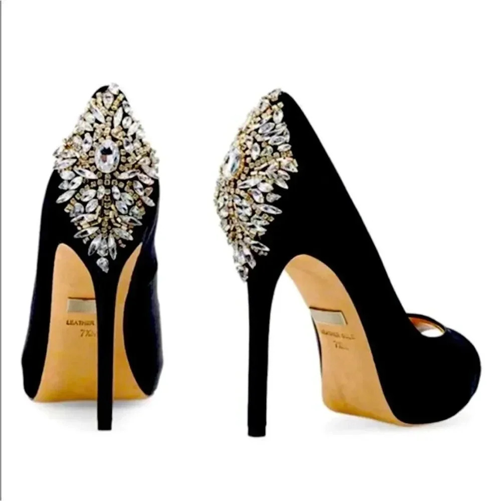 BADGLEY MISCHKA- WOMEN'S KIARA EMBELLISHED PEEP-TOE PUMP- BLACK…Size 5.5M - Picture 2 of 7